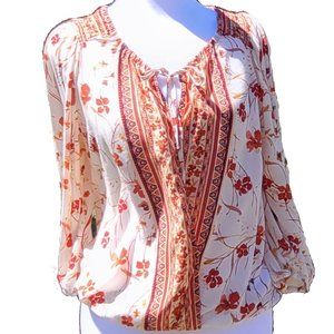 Boho Cream and Floral Faux Wrap Blouse Size S Brand "Est. 1946"